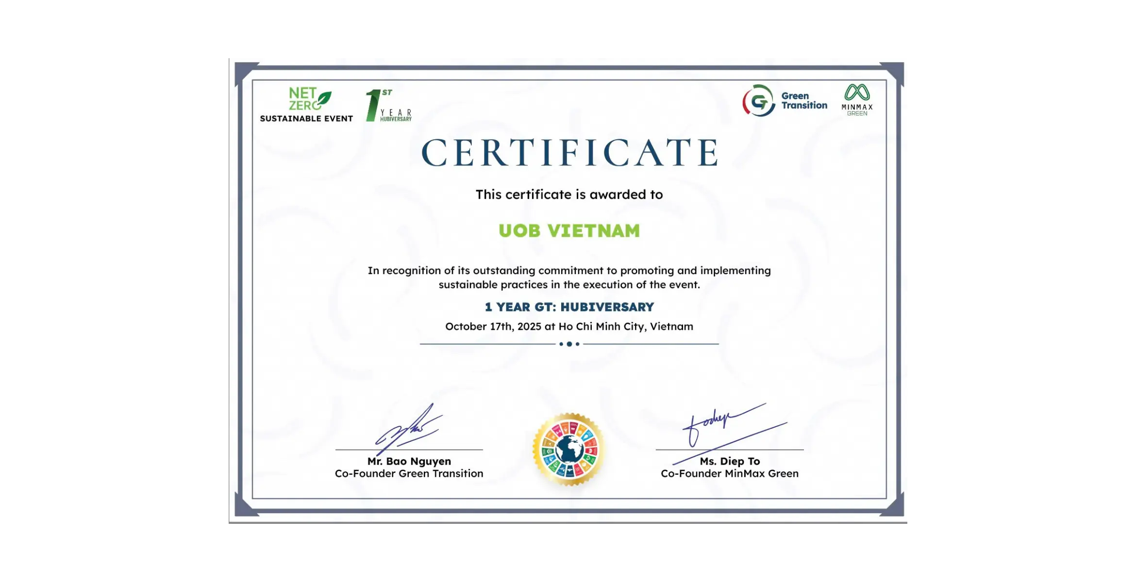 The Sustainable Event Certification for United Overseas Bank Viet Nam (UOB) at the ONE-YEAR GT: HUBIVERSARY