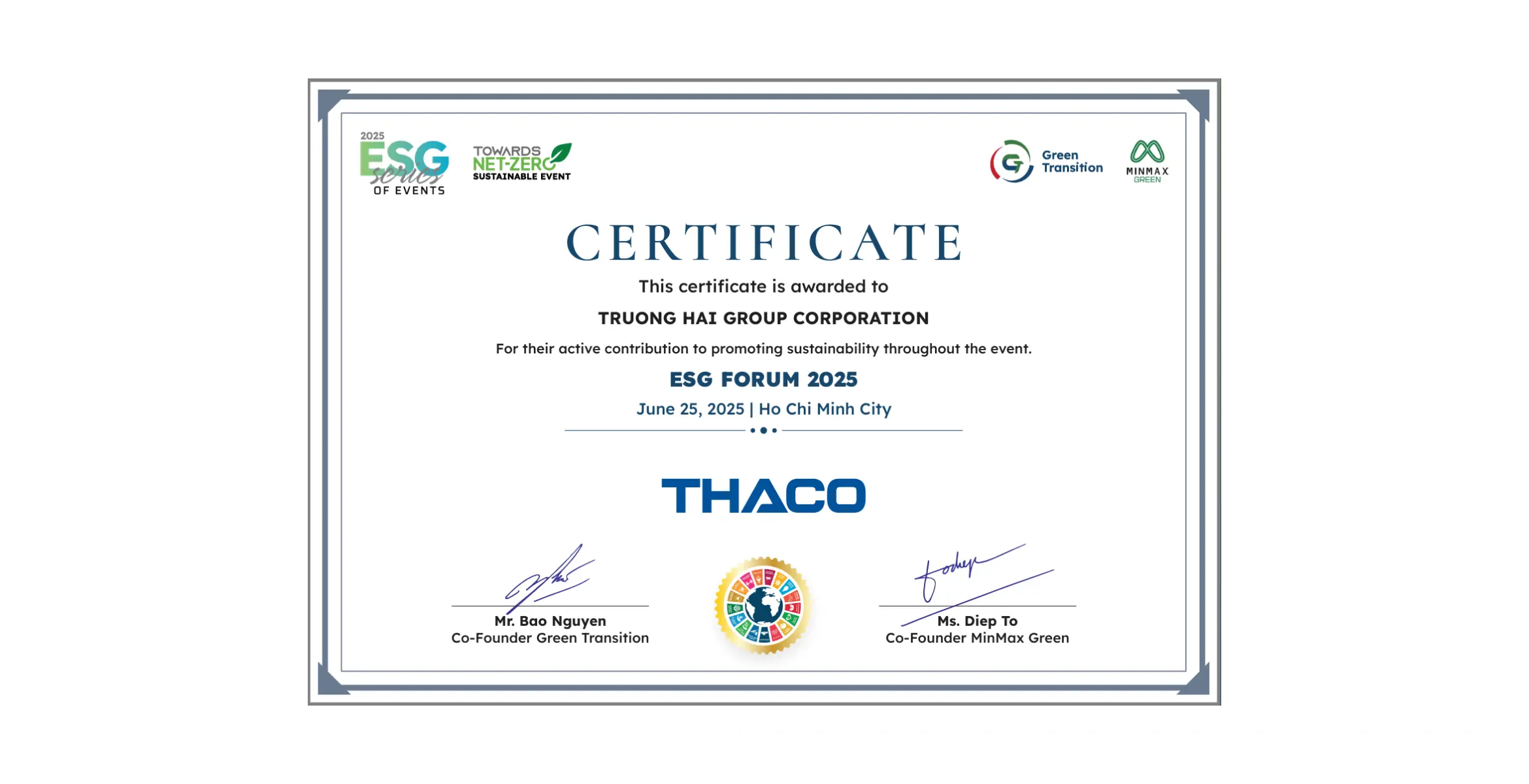 MinMax Green awarded Sustainable Event Certification to Truong Hai Auto Corporation (THACO)