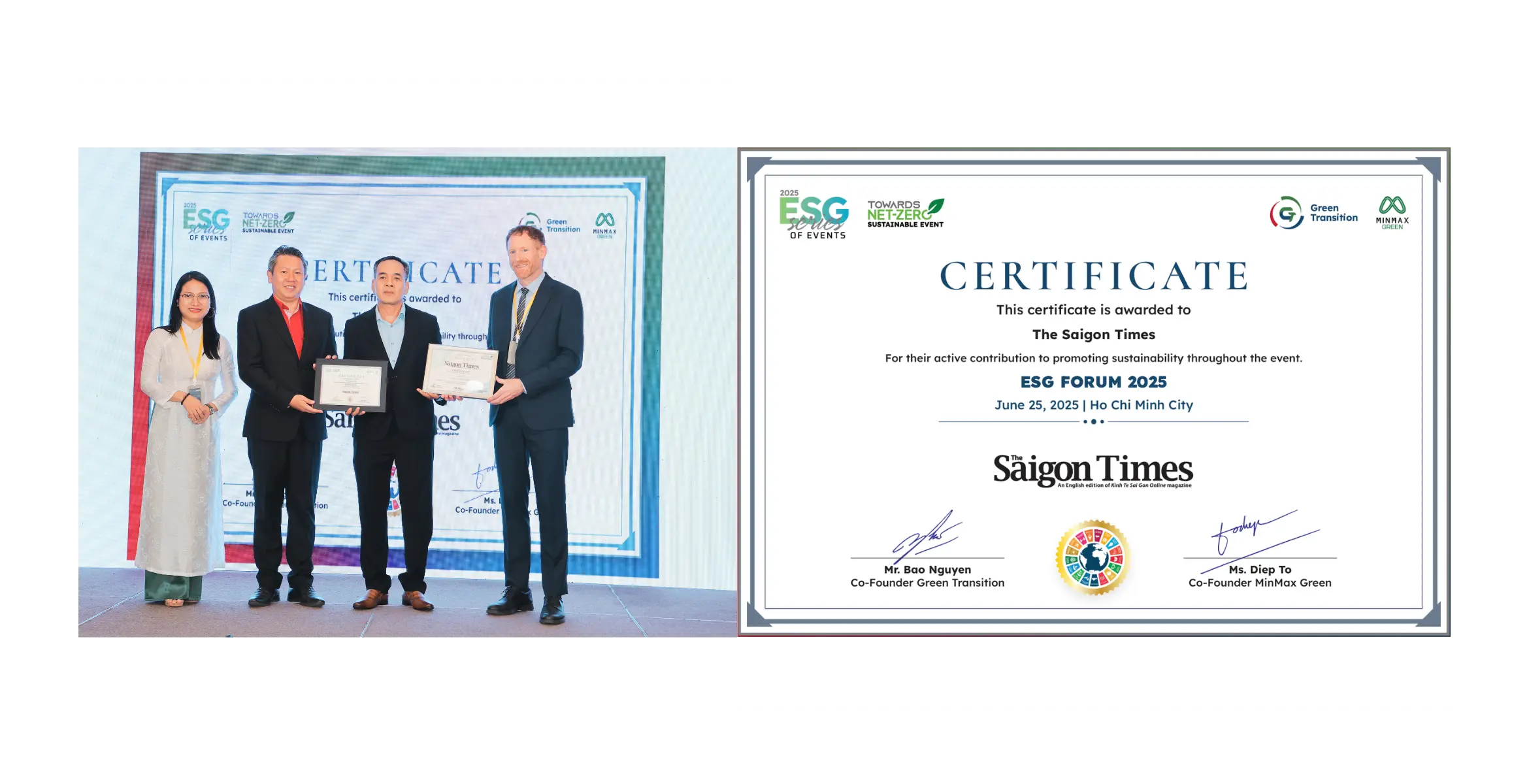 MinMax Green presented the Sustainable Event Certification to the Saigon Times at the “ESG Forum 2025” event.
