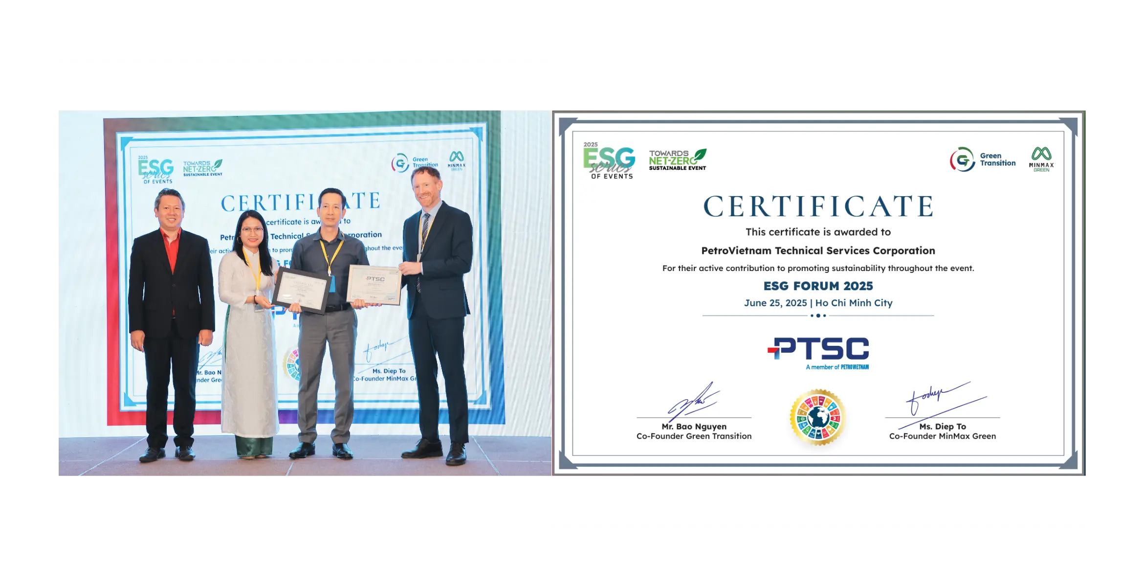 MinMax Green awarded Sustainable Event Certification to PTSC (PetroVietnam Technical Services Corporation) at the event "ESG Forum 2025"